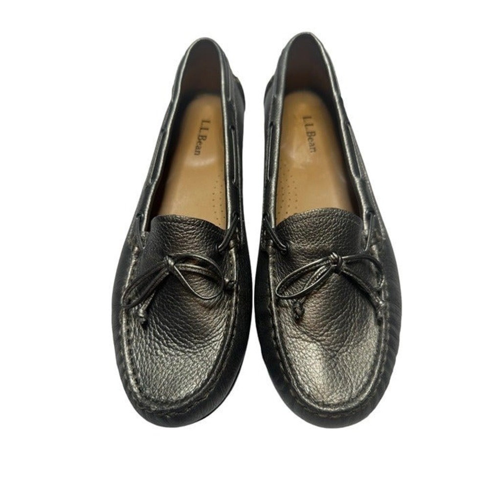 LL Bean Womens Metallic Pewter Leather Driving Moccasins Loafers 8.5 M 293461
